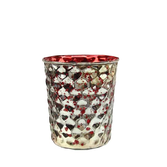 4" Red & Silver Hammered Mercury Glass Votive Candle Holder, Set of 4